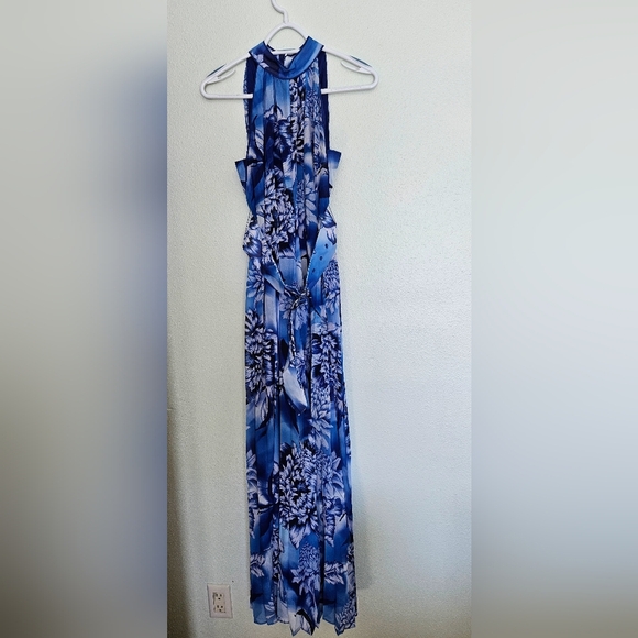 KAREN MILLEN Blue Floral Georgette Woven Halter Pleated Jumpsuit NWT sz. 4 - Picture 4 of 8